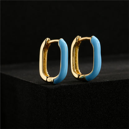Blue Enamel and 18K Gold-Plated Square Huggie Earrings, gold huggie earrings, dainty minimalist design, side view