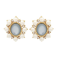 Green Cateye & Pearl Flower Stud Earrings