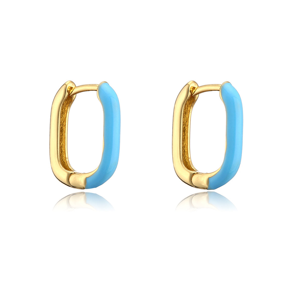 Blue Enamel and 18K Gold-Plated Square Huggie Earrings, gold huggie earrings, dainty minimalist design, detail close-up
