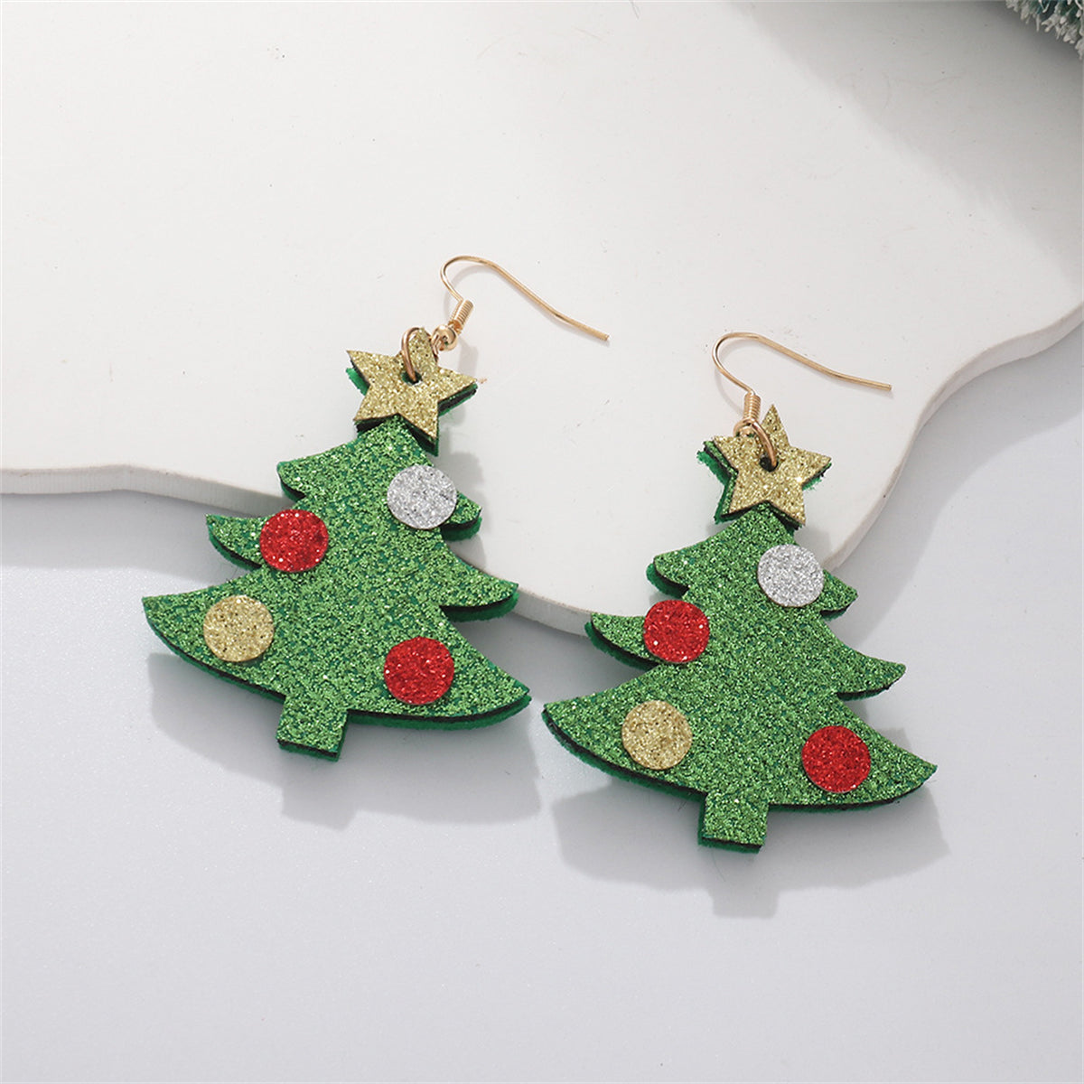 Green & 18K Gold-Plated Glitter Christmas Tree Drop Earrings