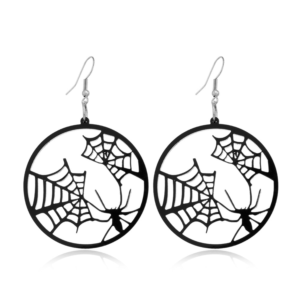 Black Acrylic and Silver-Plated Spider Web Round Drop Earrings, silver drop earrings for women, side view