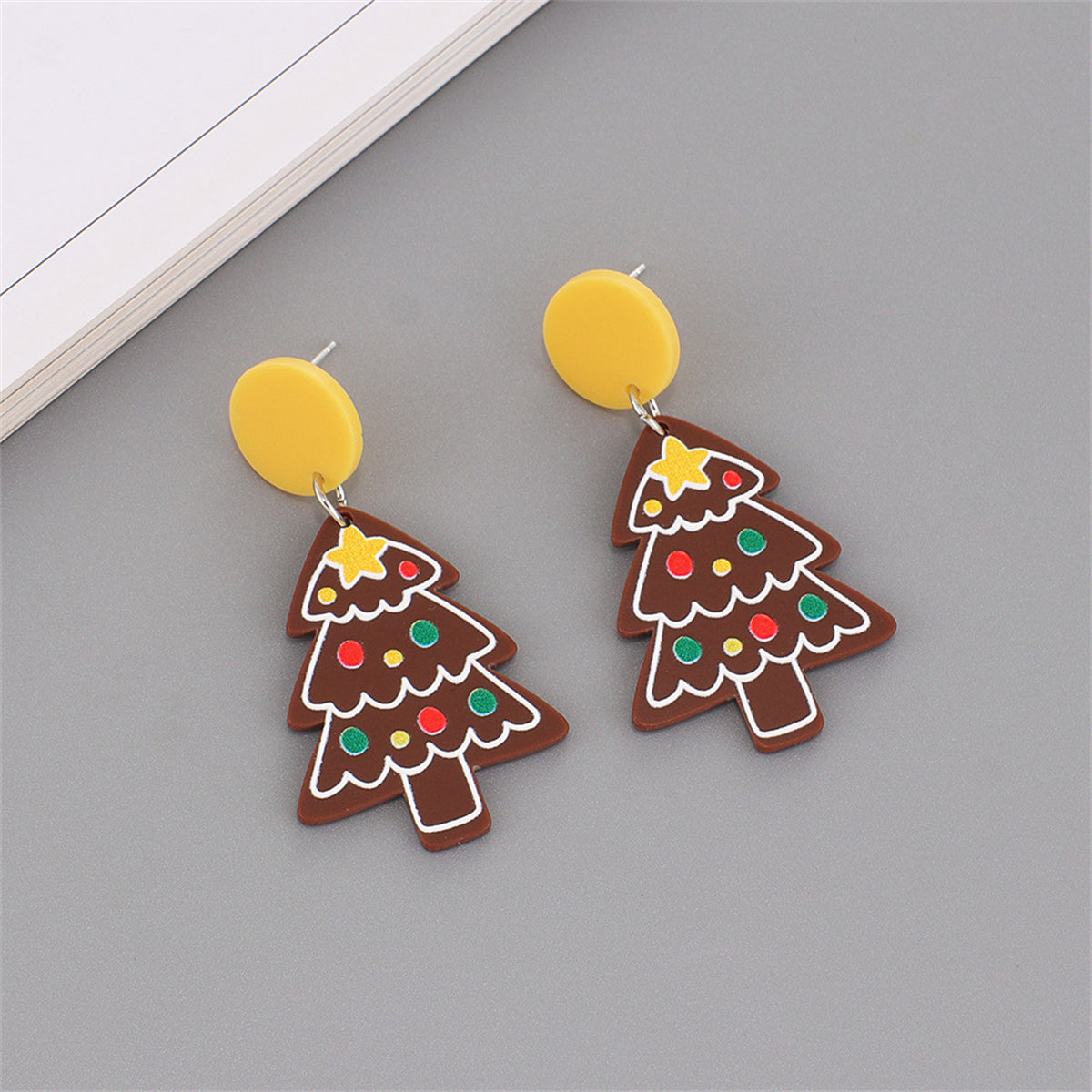 Yellow and 18K Gold-Plated Tree Cookie Drop Earrings, gold drop earrings for women, dainty minimalist design, side view