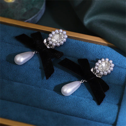 Black Flocking and Crystal Pearl Silver-Plated Bow Drop Earrings, silver drop earrings for women, detail close-up