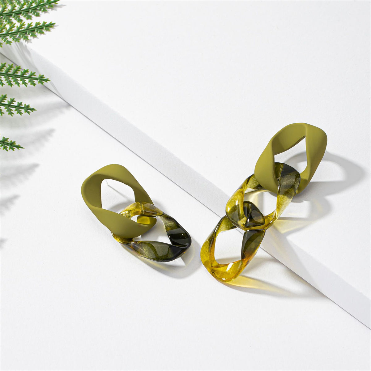 Green Acrylic & Silver-Plated Mismatched Chain Drop Earrings