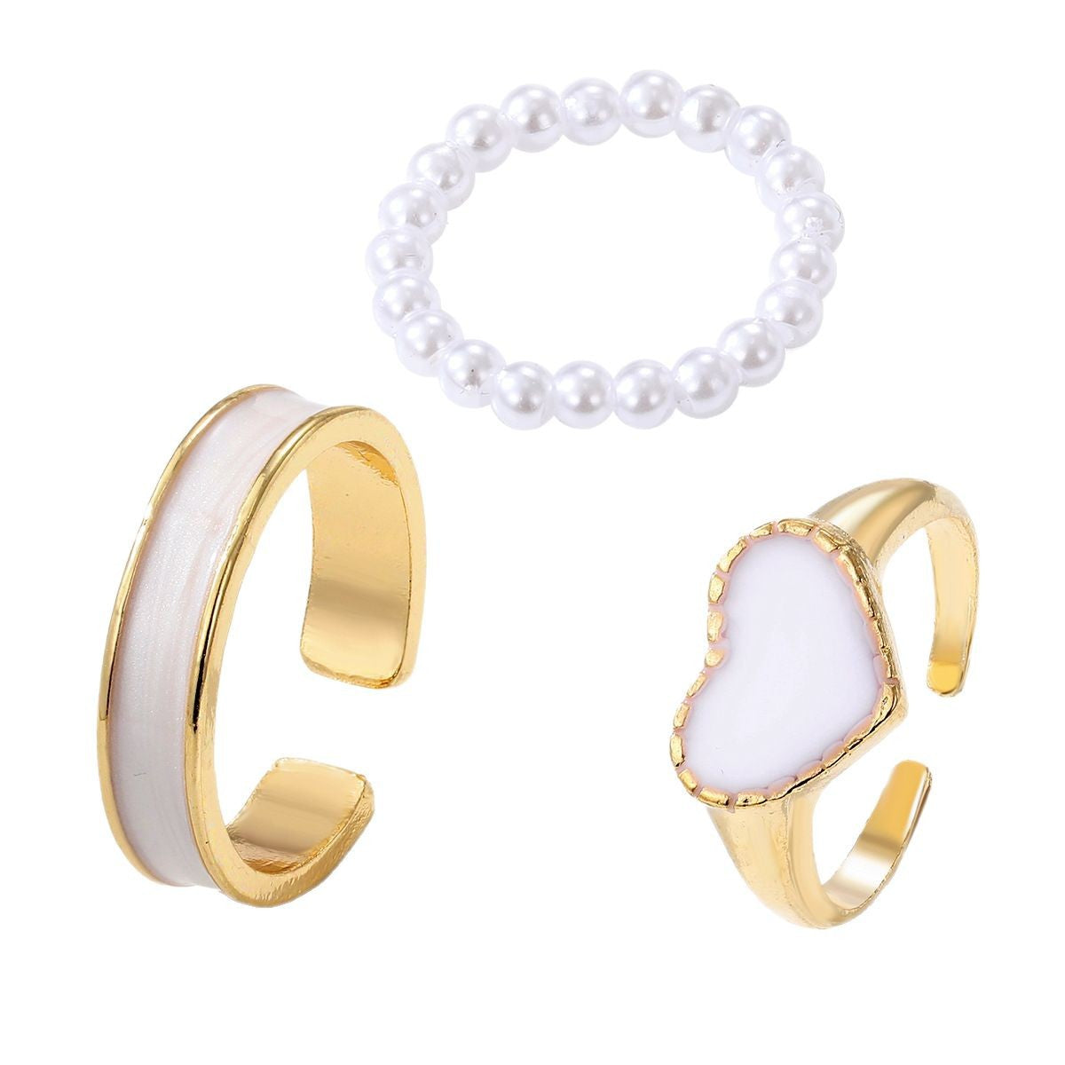 Pearl and Enamel 18K Gold-Plated Stretch Ring Set, jewelry gift sets for women, botanical inspired, front view