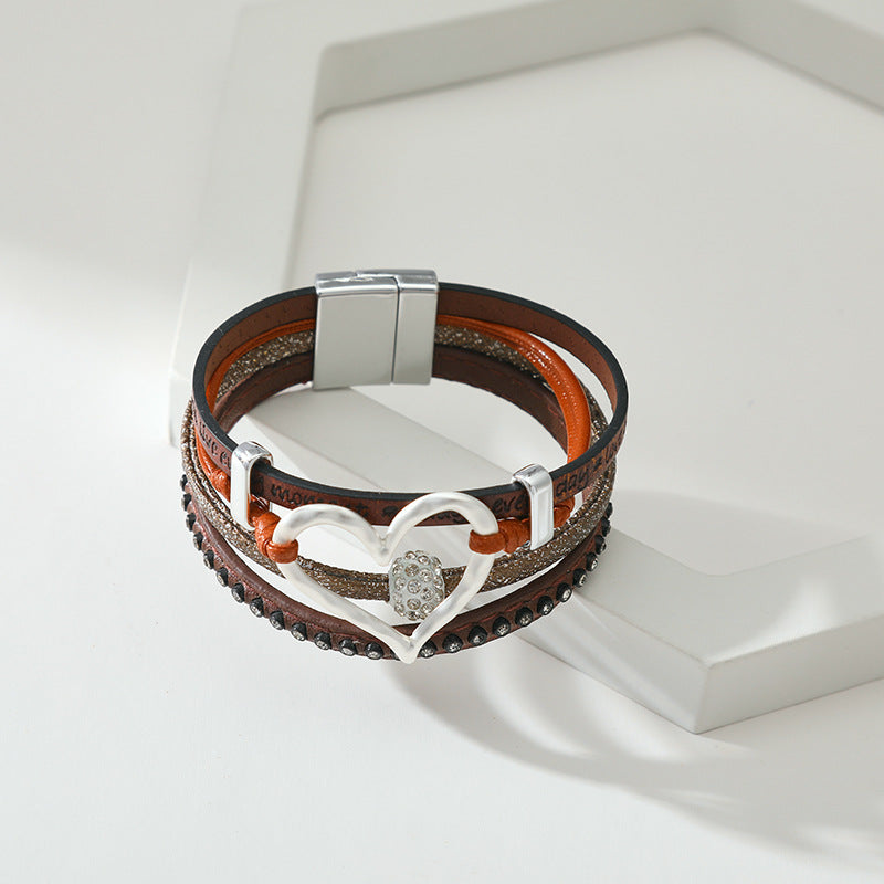 Brown & Cubic Zirconia 'Love' Heart Layered Bracelet