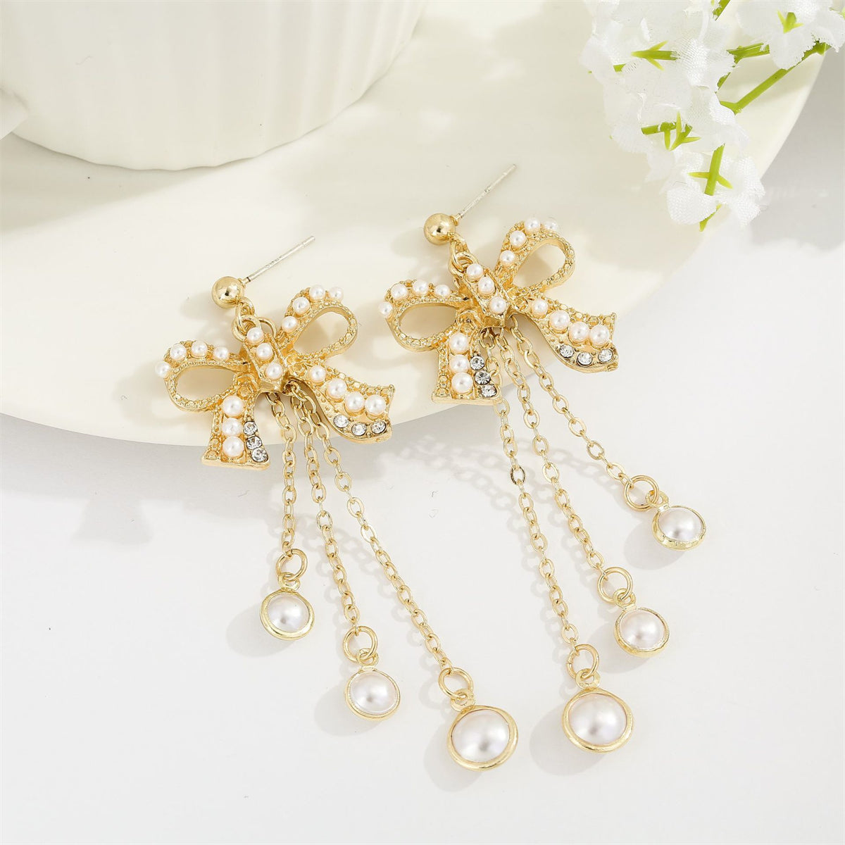 Pearl and Cubic Zirconia 18K Gold-Plated Bow Triple-Tassel Drop Earrings, gold drop earrings for women, detail close-up