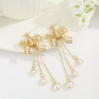Pearl and Cubic Zirconia 18K Gold-Plated Bow Triple-Tassel Drop Earrings, gold drop earrings for women, detail close-up