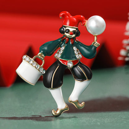 Cubic Zirconia and Pearl Enamel 18k Gold-Plated Clown Brooch, gold brooch pin, dainty minimalist design, styled look