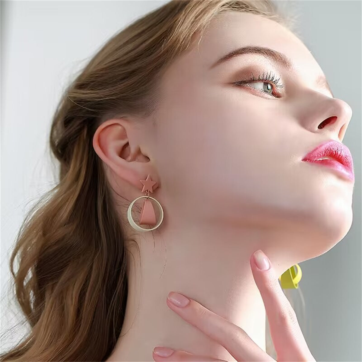 Yellow and Pink Mismatch Star Circle Drop Earrings, drop earrings for women, vintage-inspired design, lifestyle look