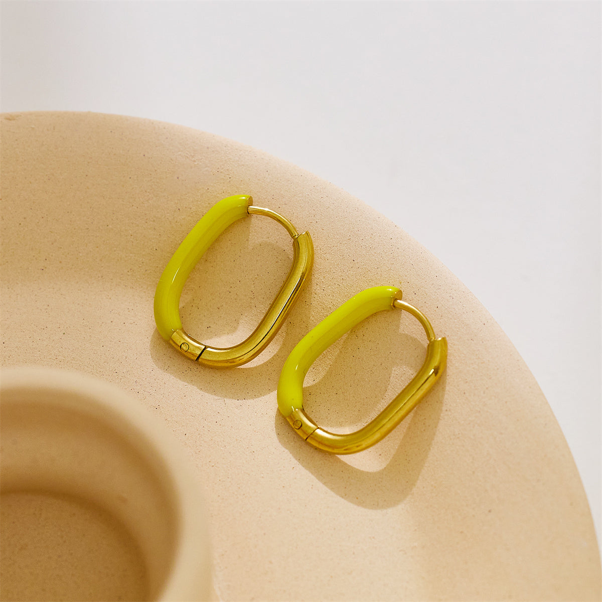 Orange Enamel and 18K Gold-Plated Square Huggie Earrings, gold huggie earrings, botanical inspired, styled look