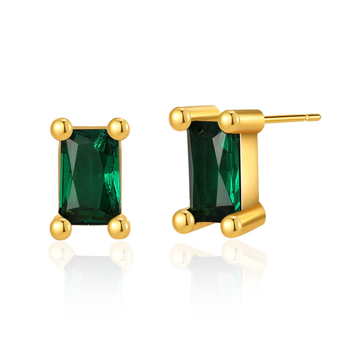 Green Crystal and 18K Gold-Plated Rectangle Stud Earrings, gold stud earrings for women, everyday style, front view