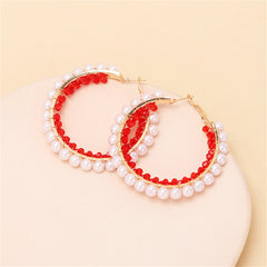Red Acrylic & Pearl 18K Gold-Plated Hoop Earrings