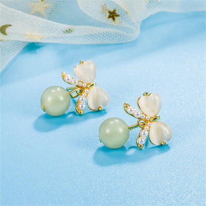 Quartz and Pearl 18K Gold-Plated Heart Bow Drop Earrings, gold drop earrings for women, vintage-inspired design, front view