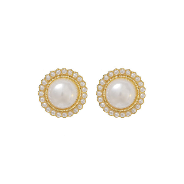 Pearl & 18k Gold-Plated Halo Round Stud Earrings