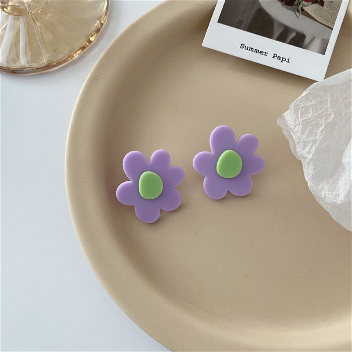 Lavender and Green Floral Stud Earrings, stud earrings for women, everyday style, detail close-up