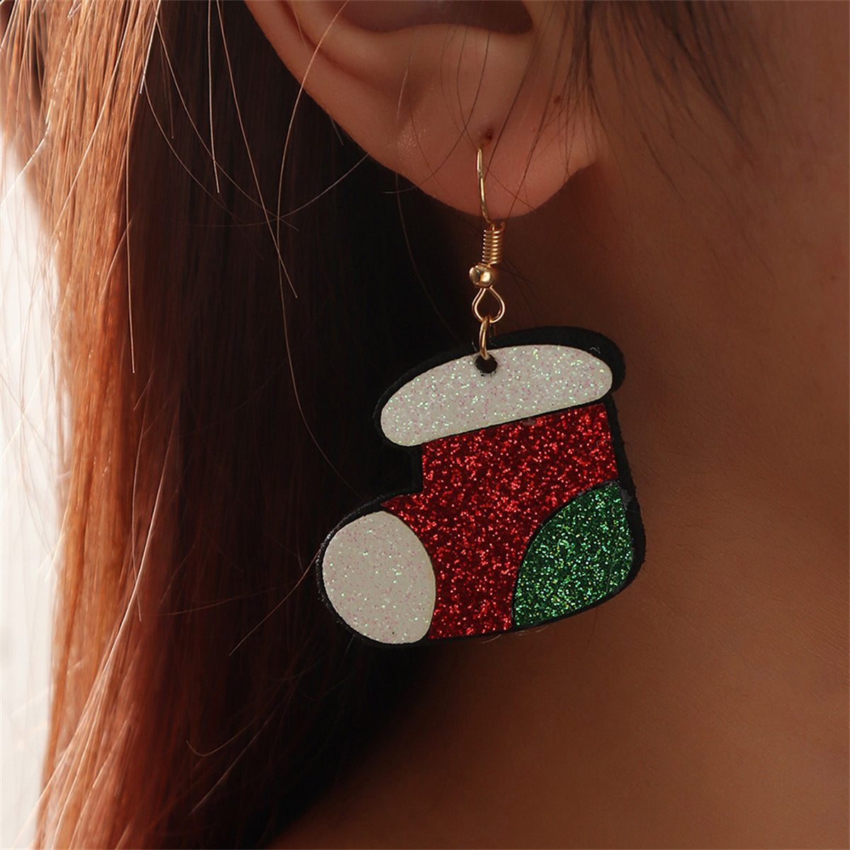 Red and Green Glitter Stocking Drop Earrings, drop earrings for women, dainty minimalist design, detail close-up