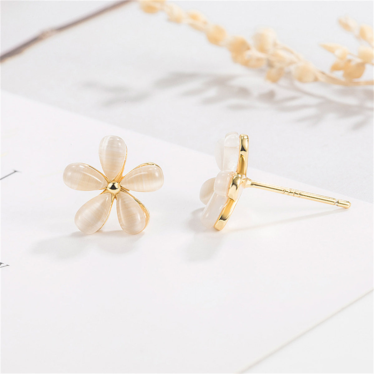 Cateye & 18K Gold-Plated Floral Stud Earrings