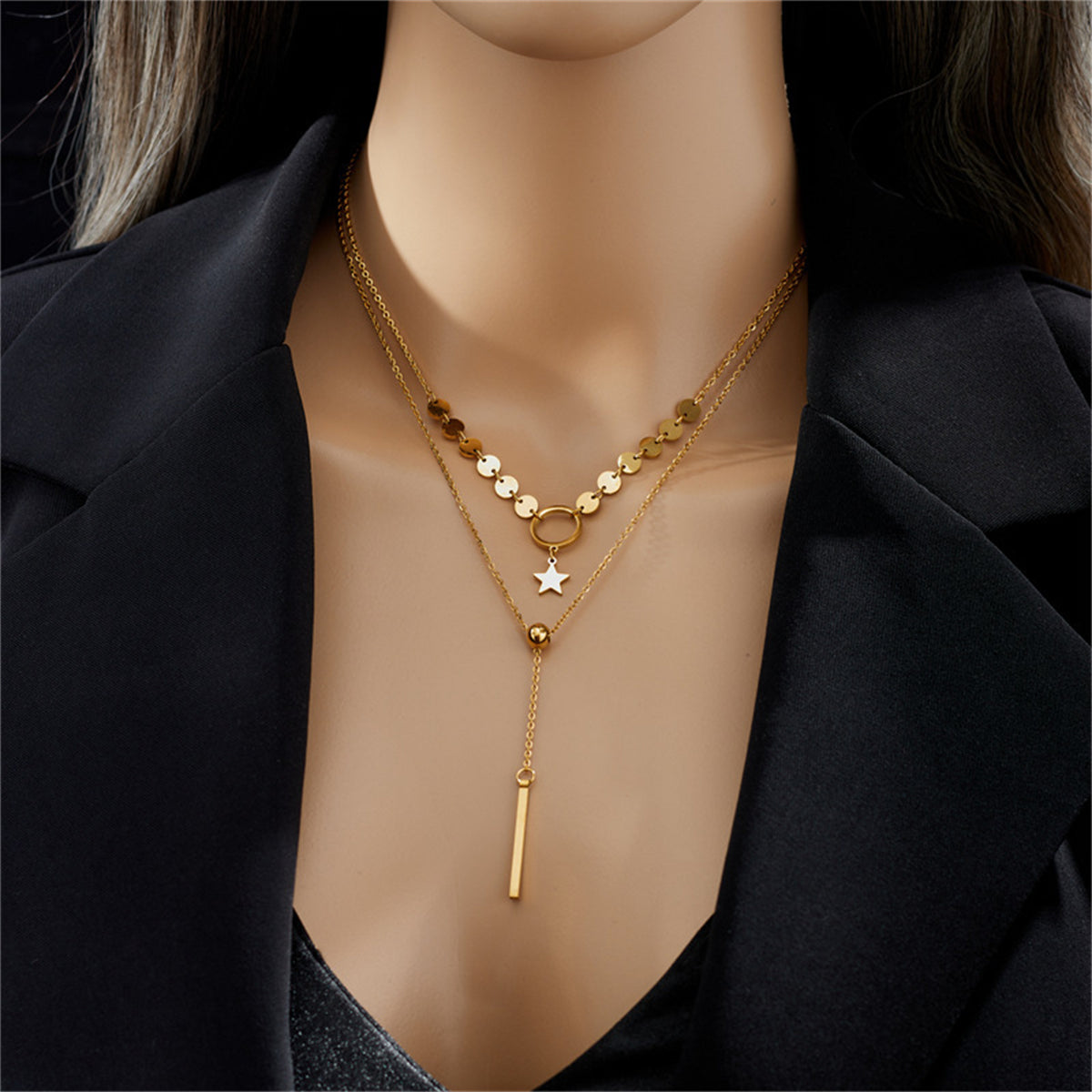 18K Gold-Plated Disc Star Layered Choker Necklace, gold pendant necklace for women, botanical inspired, front view