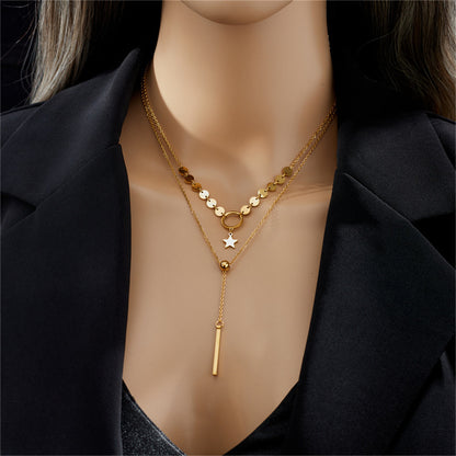 18K Gold-Plated Disc Star Layered Choker Necklace, gold pendant necklace for women, botanical inspired, front view