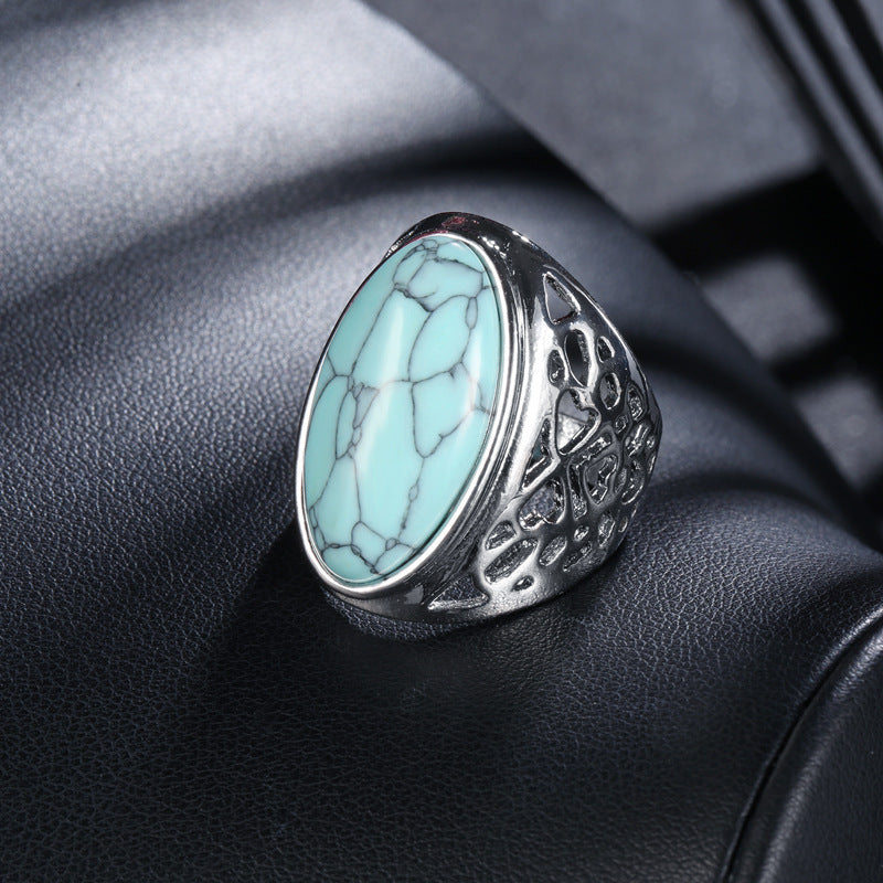 Turquoise & Silver-Plated Oval-Cut Ring