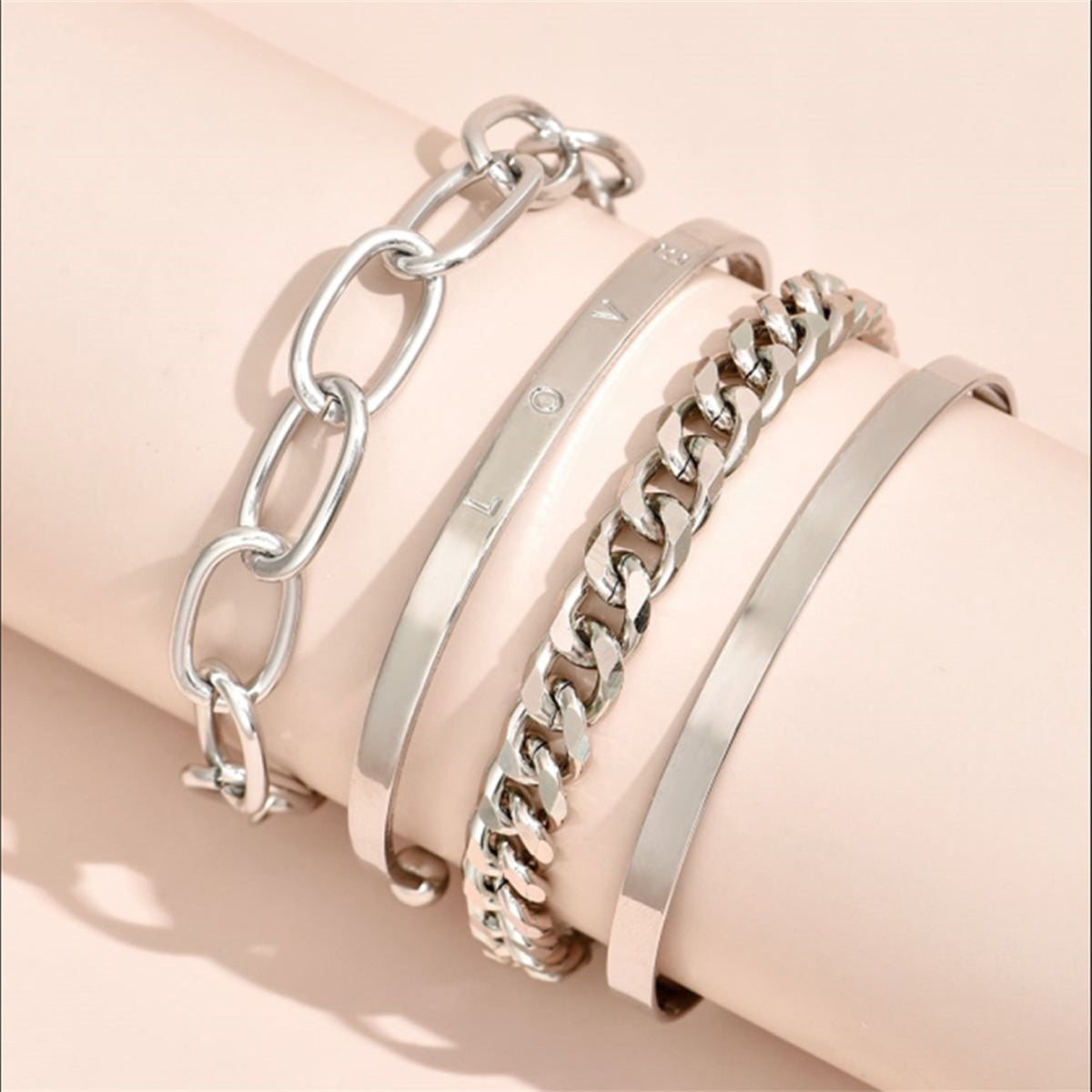 Silver-Plated 'Love' Cuff Set, silver bracelet for women, everyday style, side view