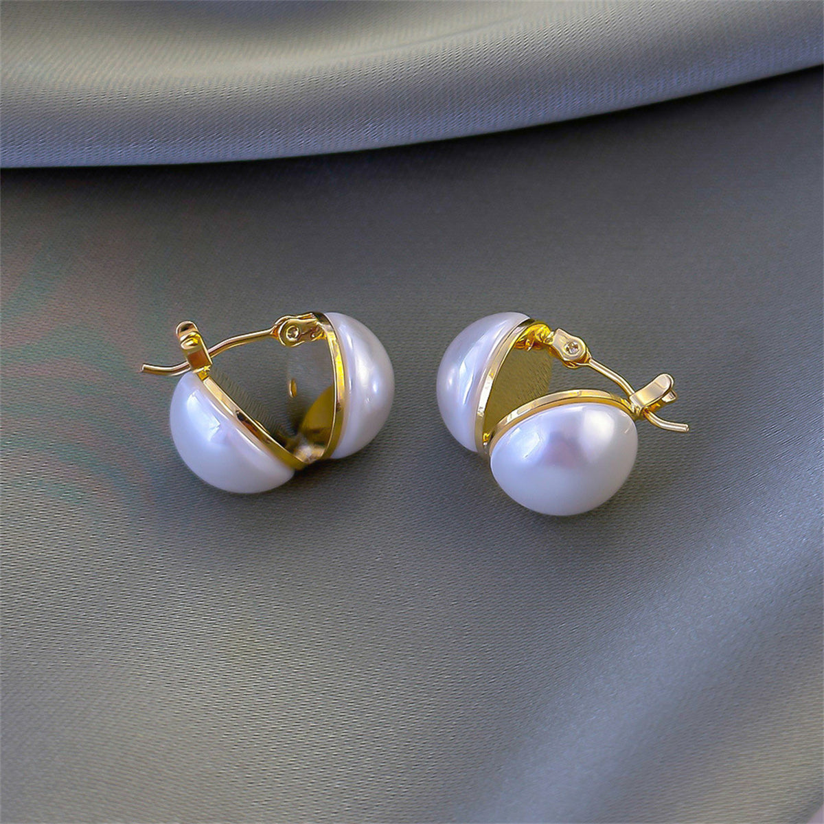 Pearl and 18K Gold-Plated Open Shell Huggie Earrings, gold huggie earrings, elegant gift for her, side view