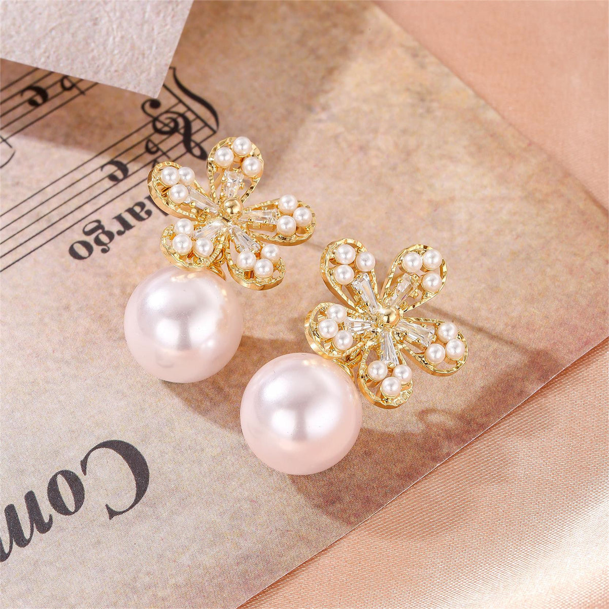 Pearl and Cubic Zirconia 18K Gold-Plated Floral Baguette-Cut Drop Earrings, gold drop earrings for women, side view