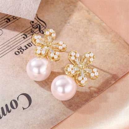 Pearl and Cubic Zirconia 18K Gold-Plated Floral Baguette-Cut Drop Earrings, gold drop earrings for women, side view