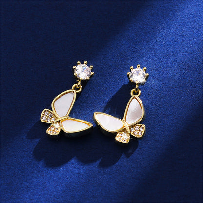 Cubic Zirconia and 18K Gold-Plated Shell-Accent Butterfly Drop Earrings, gold drop earrings for women, side view
