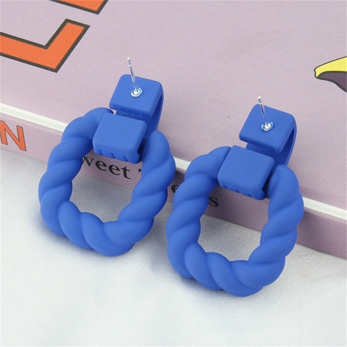 Blue Resin and Silver-Plated Twine Square Drop Earrings, silver drop earrings for women, botanical inspired, detail close-up