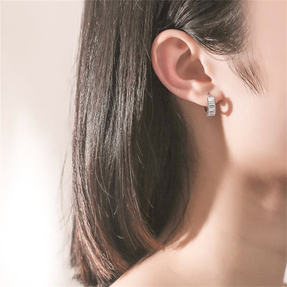 Crystal and Silver-Plated Cushion-Cut Huggie Earrings, silver huggie earrings, botanical inspired, front view