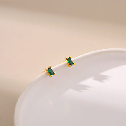 Green Crystal and 18K Gold-Plated Rectangle Stud Earrings, gold stud earrings for women, everyday style, side view