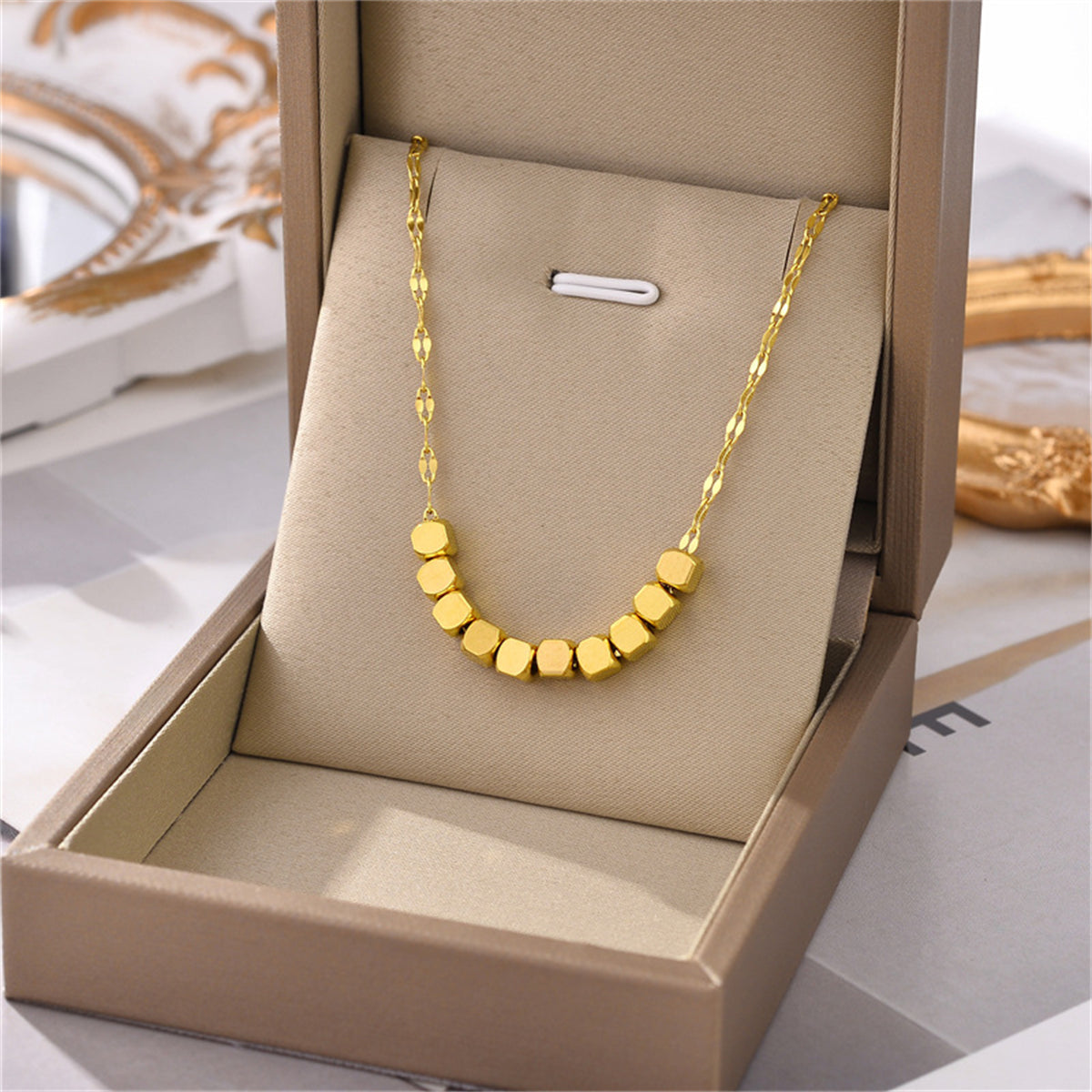 18K Gold-Plated Cube Necklace, gold pendant necklace for women, dainty minimalist design, lifestyle look
