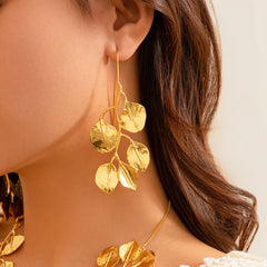 Elegant 18K gold-plated drop earrings featuring intricate leaf designs, perfect for adding a touch of nature-inspired beauty.