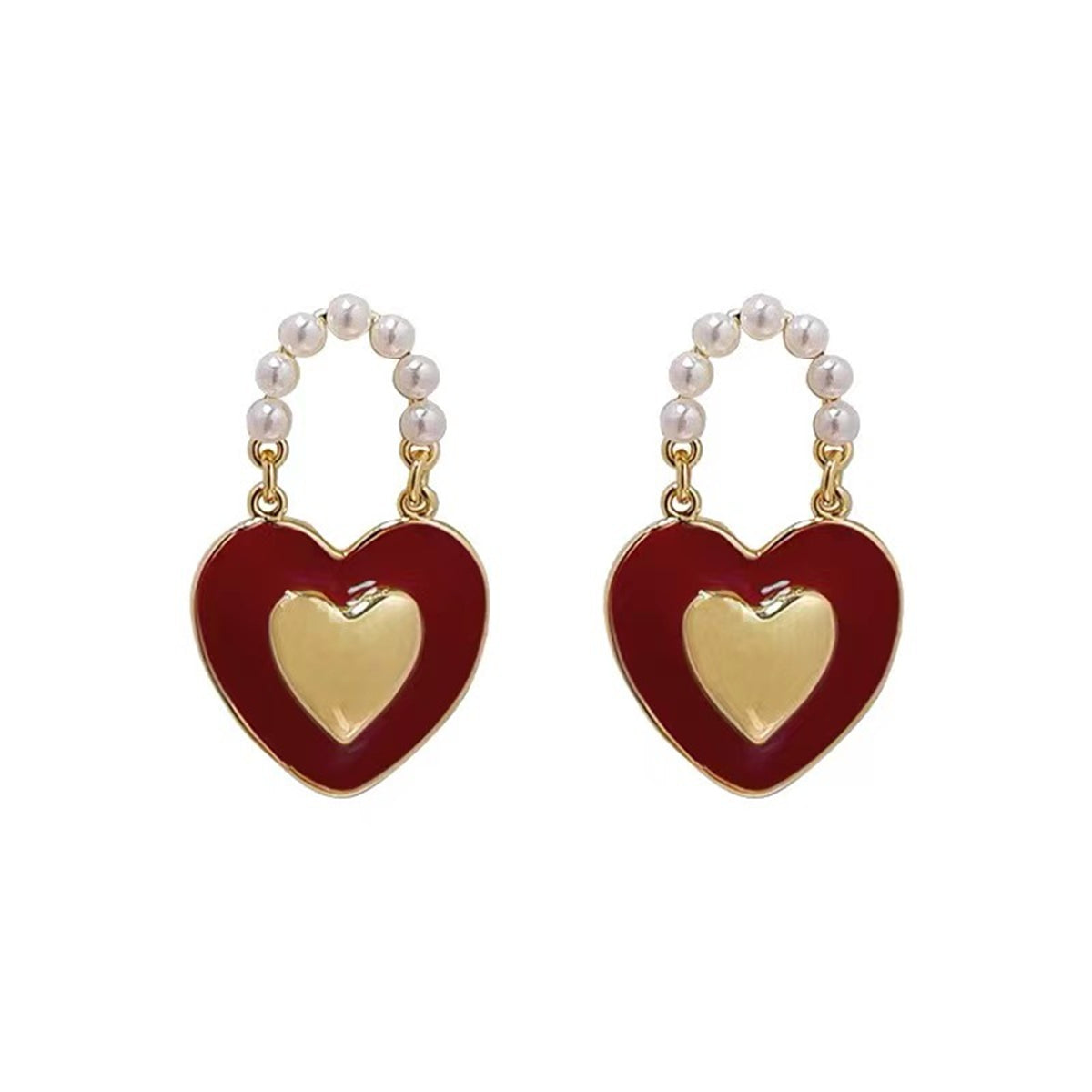 Red Enamel and Pearl 18K Gold-Plated Heart Drop Earrings, gold drop earrings for women, elegant gift for her, styled look