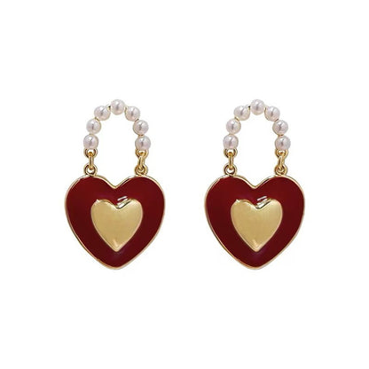 Red Enamel and Pearl 18K Gold-Plated Heart Drop Earrings, gold drop earrings for women, elegant gift for her, styled look