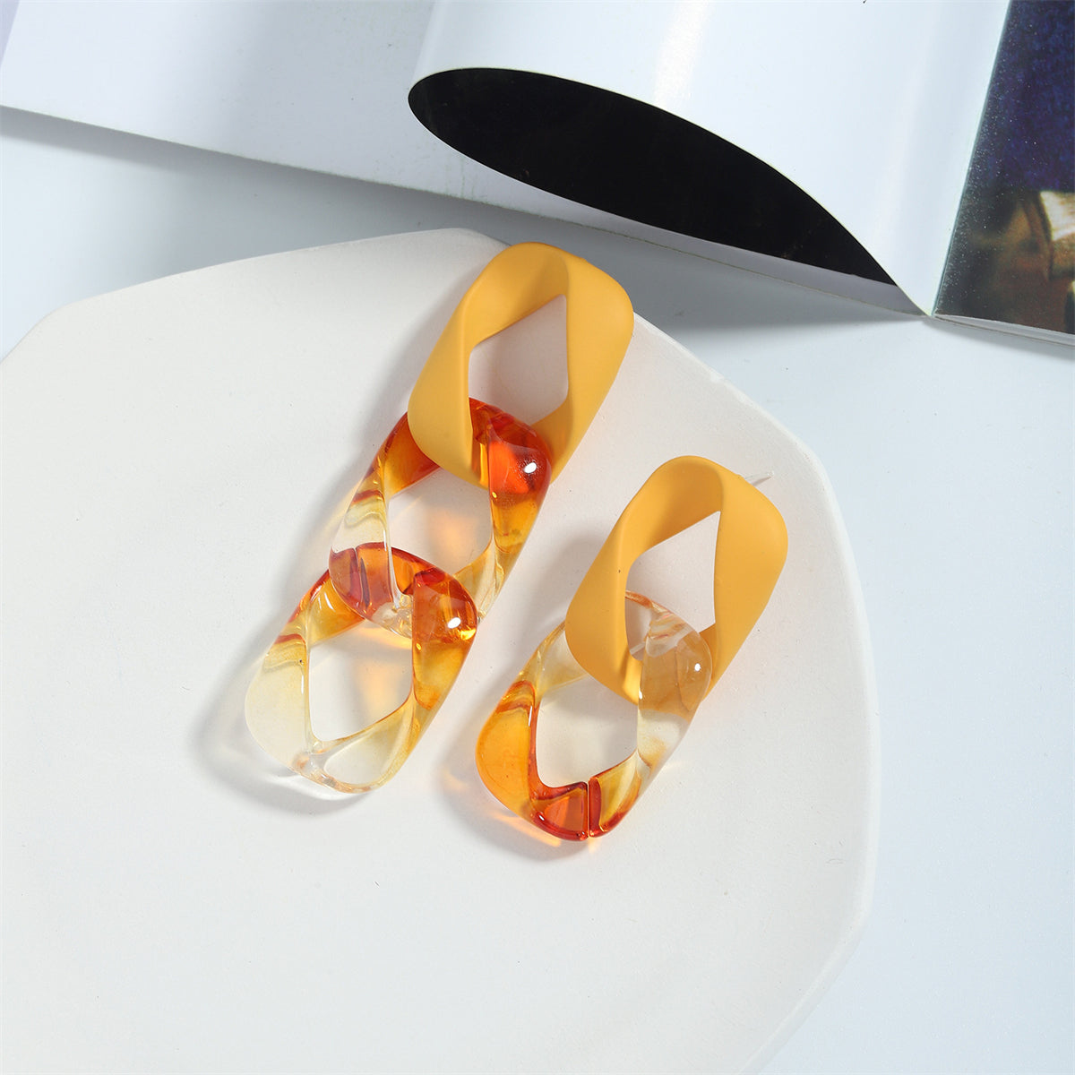 Yellow and Orange Mismatch Chain Drop Earrings, drop earrings for women, elegant gift for her, detail close-up