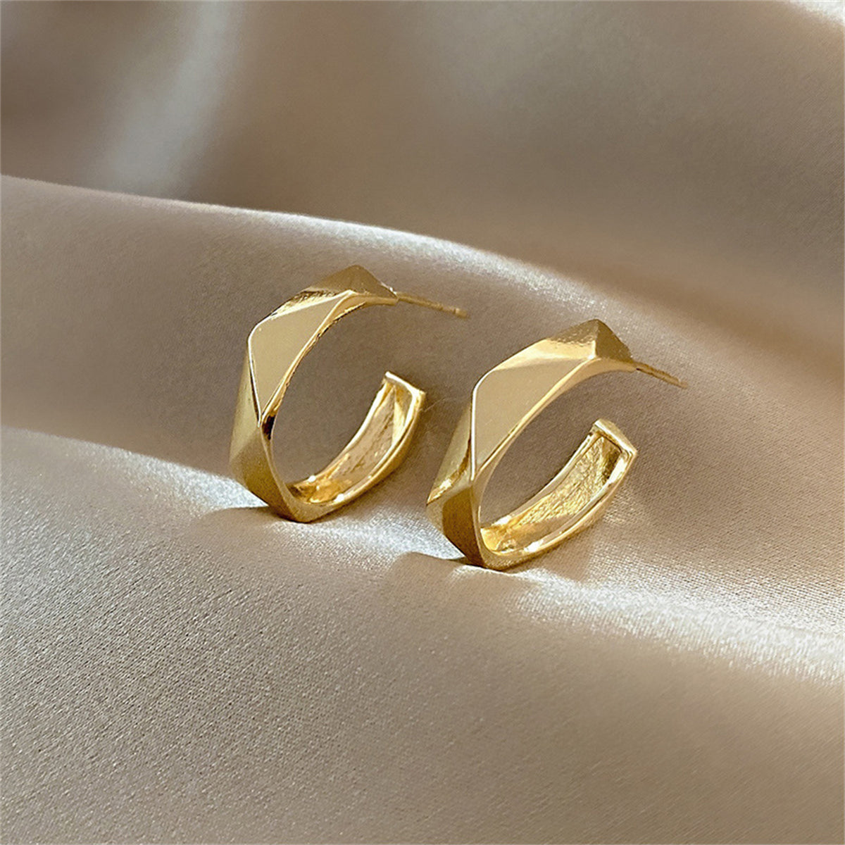 18K Gold-Plated Diamond-Cut Hoop Earrings, gold stud earrings for women, botanical inspired, detail close-up