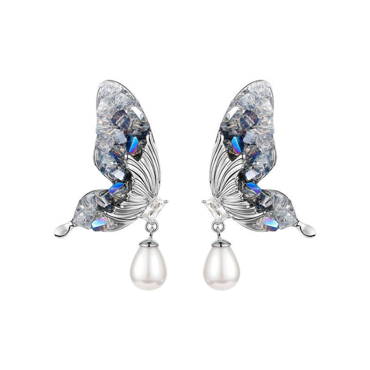 Pearl and Crystal Silver-Plated Butterfly Drop Earrings, silver drop earrings for women, botanical inspired, lifestyle look