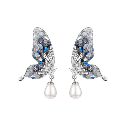 Pearl and Crystal Silver-Plated Butterfly Drop Earrings, silver drop earrings for women, botanical inspired, lifestyle look
