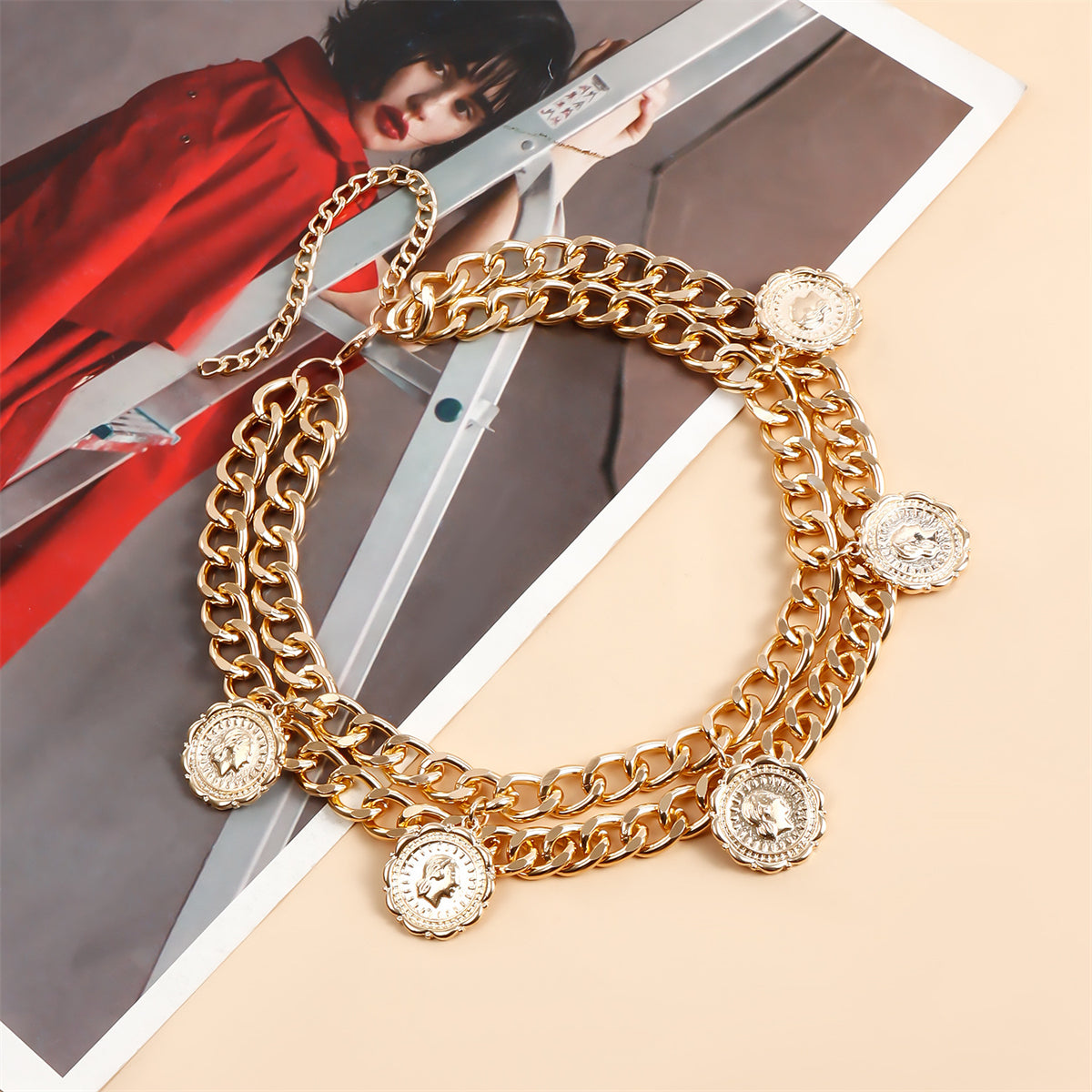 18K Gold-Plated Coin Station Layered Statement Necklace, chunky gold choker necklace, lifestyle look