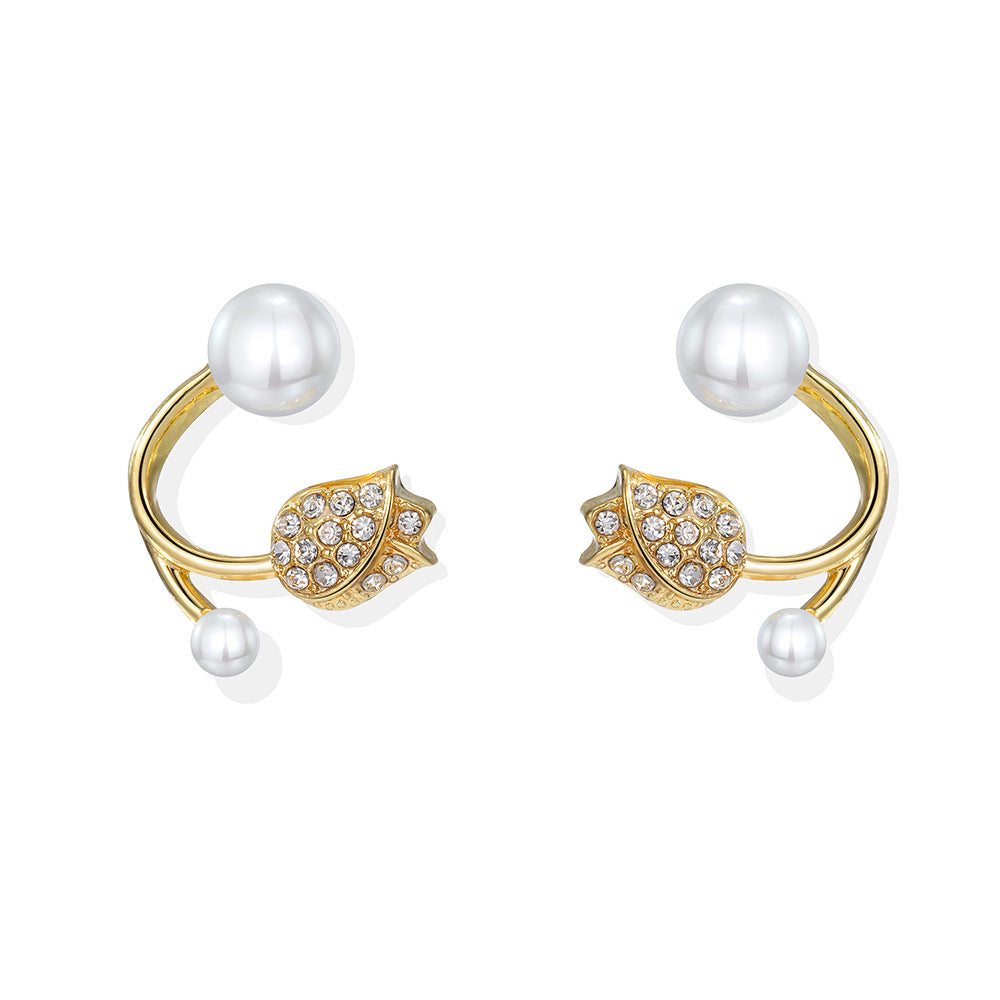 Pearl and Cubic Zirconia Rose Ear Jackets, stud earrings for women, elegant gift for her, side view