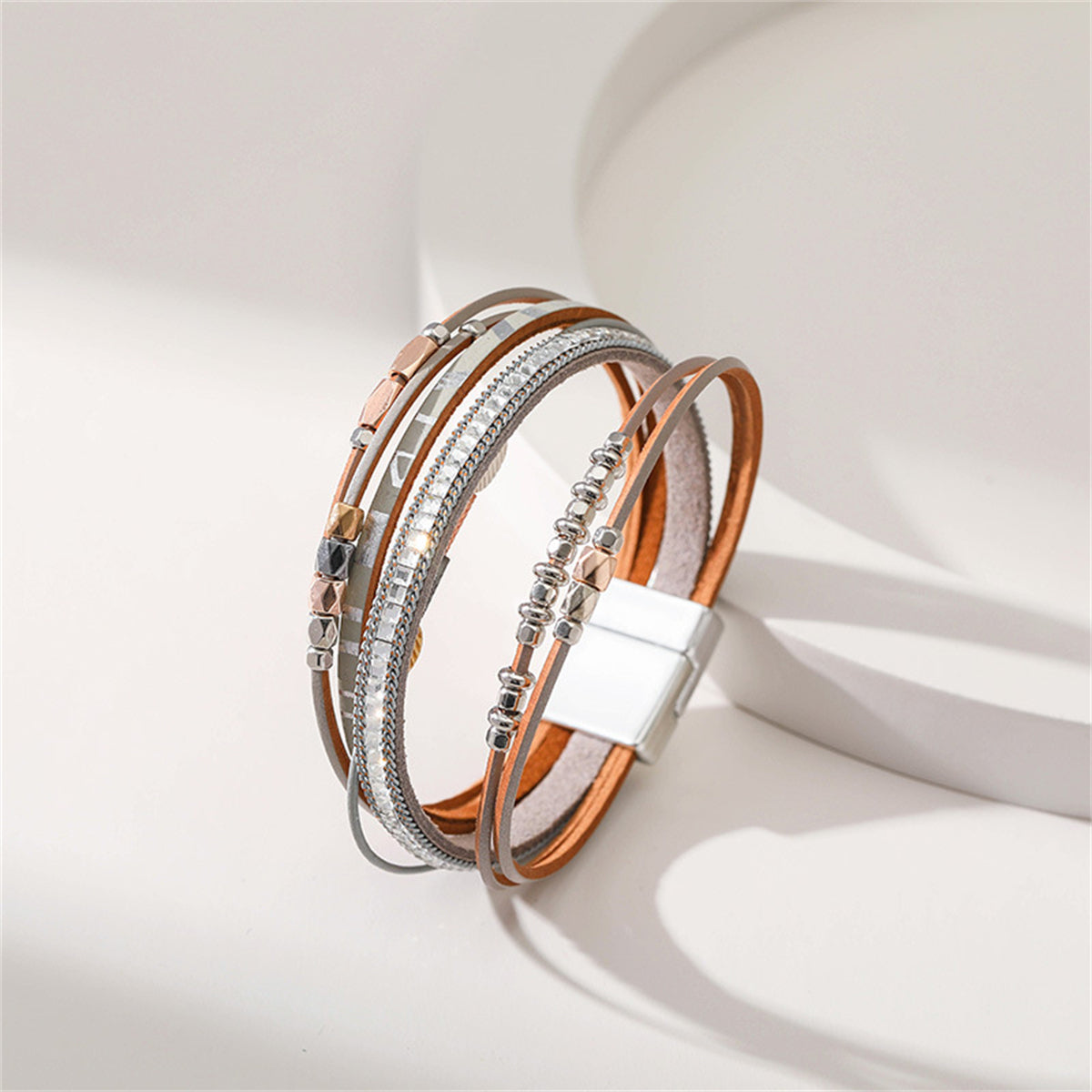 Gray Polystyrene and Silver-Plated Cubic Zirconia-Accent Leaves Layered Bracelet, silver bracelet for women, front view