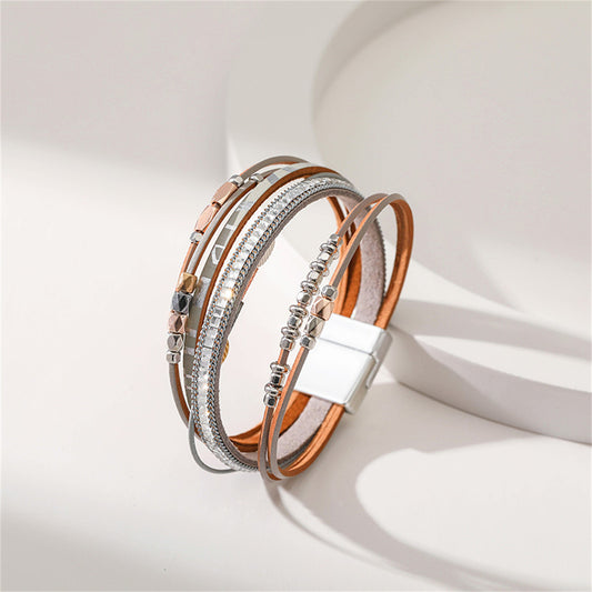 Gray Polystyrene and Silver-Plated Cubic Zirconia-Accent Leaves Layered Bracelet, silver bracelet for women, front view