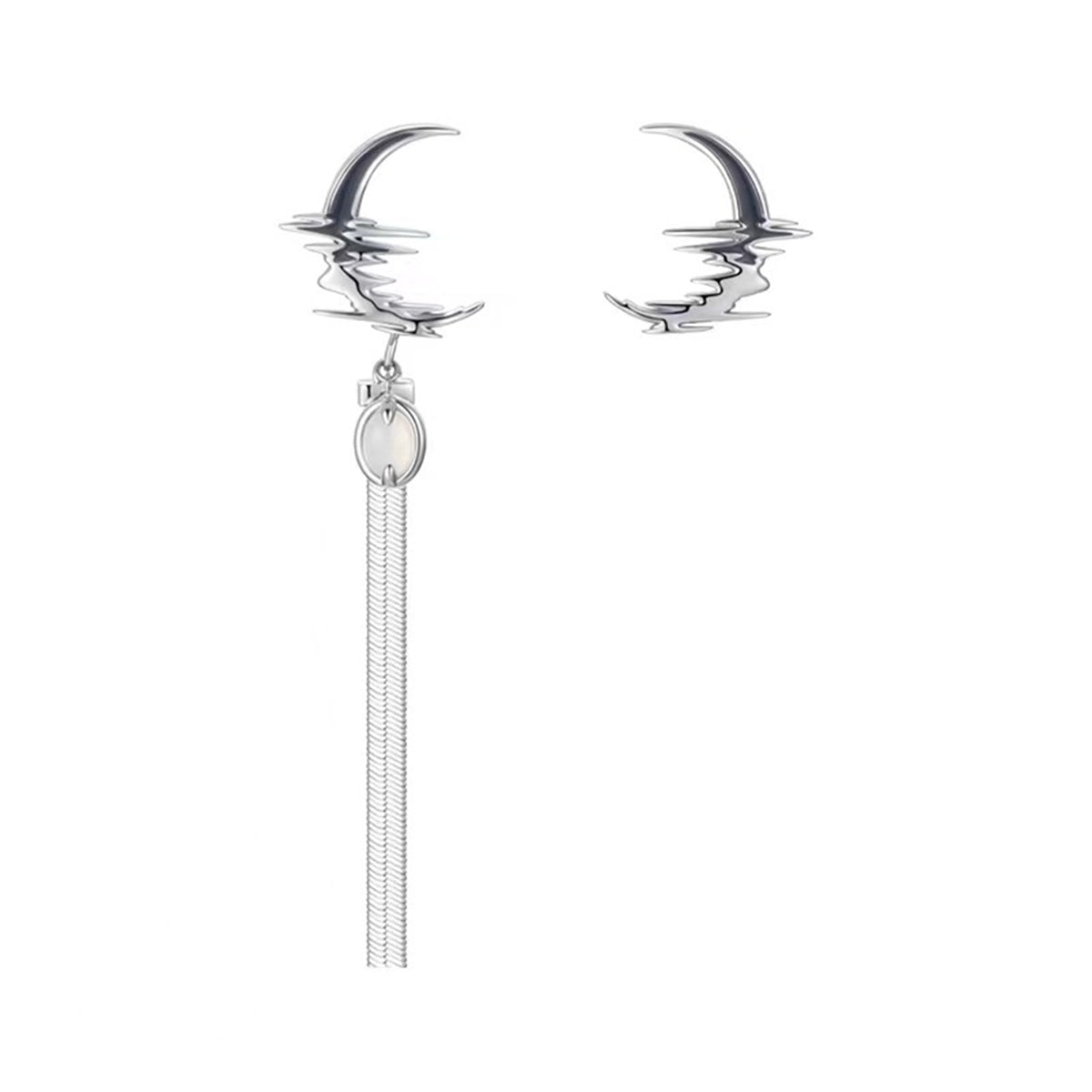 Quartz and Silver-Plated Moon Above Sea Asymmetric Earrings, silver stud earrings for women, everyday style, detail close-up