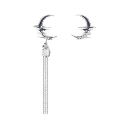 Quartz and Silver-Plated Moon Above Sea Asymmetric Earrings, silver stud earrings for women, everyday style, detail close-up
