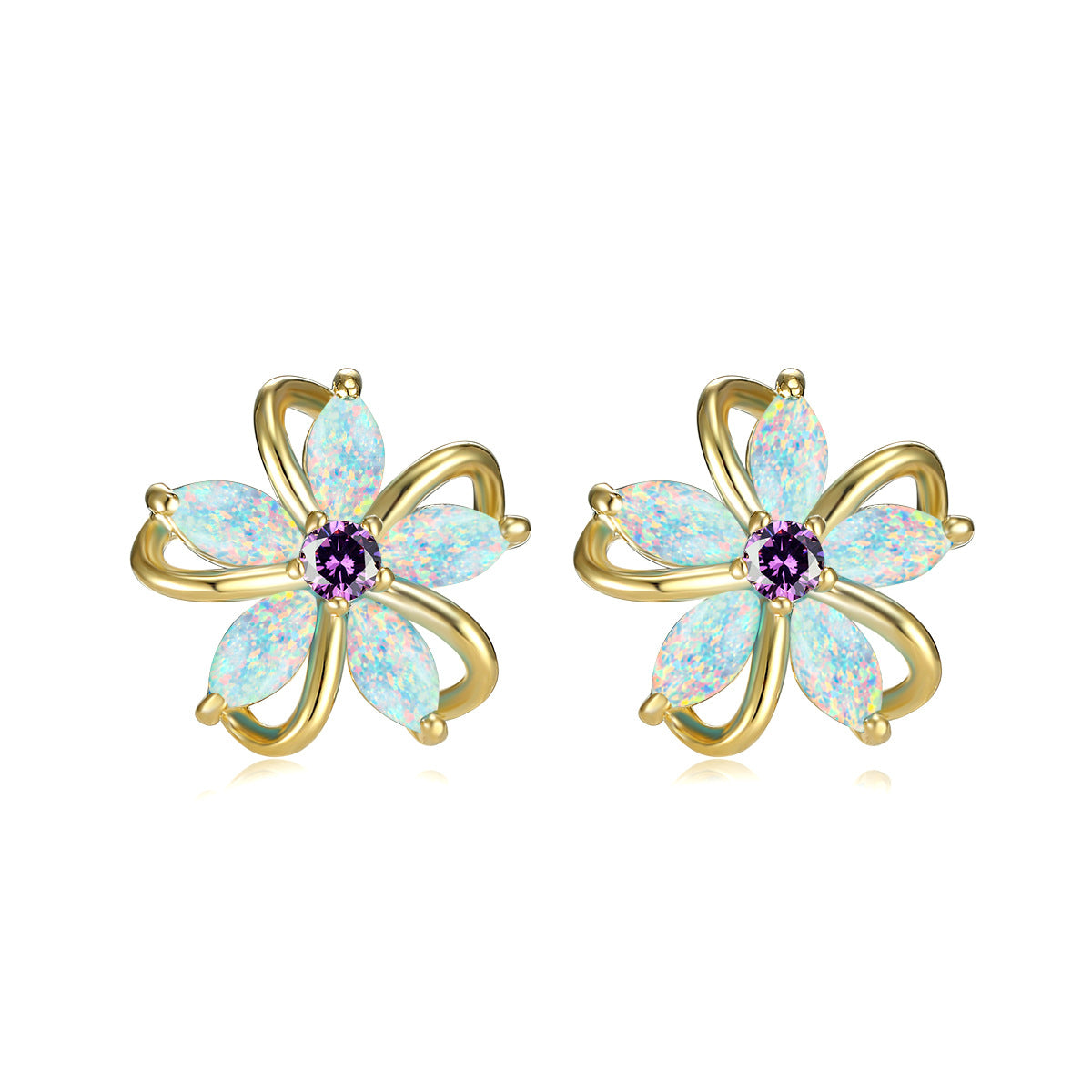 White Opal & Cubic Zirconia Flower Stud Earrings