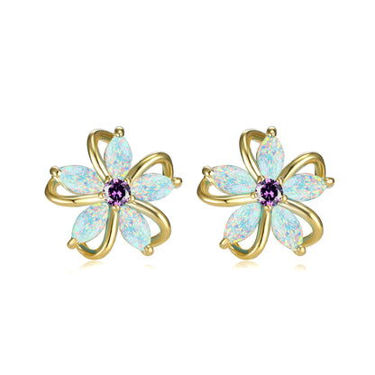 White Opal and Cubic Zirconia Flower Stud Earrings, stud earrings for women, dainty minimalist design, lifestyle look