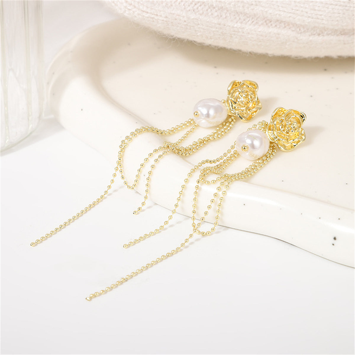 Pearl and 18K Gold-Plated Floral Tassel Drop Earrings, gold drop earrings for women, everyday style, detail close-up